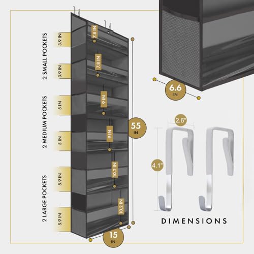 HOMELUX THEORY 1PC Heavy Duty Over the Door Organizer 55x14x6.7, 6 Large Front & 12 Side Pockets, Hanging Storage Closet Door Organizer for Bedroom, Bathroom and Baby Nursery Storage (Dark Gray) - Thumbnail 2