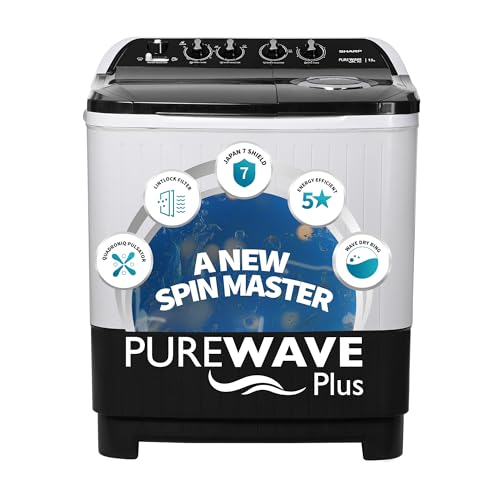 Image of SHARP 9.0 kg, 5 star Semi-Automatic Top Loading Washing Machine with HydroBlast Wash, Quadroniq Pulsator, Wave Dry Ring, 1300 RPM (ES-SD90NB-TS, Steel Grey, Pure Wave+)