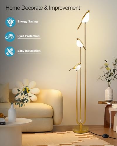 Image of Floor Lamp with Tray, 2Pcs 3000K Soft Warm White Bulbs Included, Mid Century Modern Standing Lamps, Gold Dimmable Globe Floor Lamp for Living Room /Wedding /Party