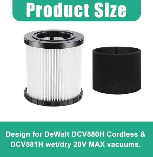 Image of 2 Pack DCV5801H HEPA Filters Replacement for DEWALT DCV580 DCV581H DCV5801H 20V MAX Wet /Dry Vacuum with 3 Foam Sleeve Filters