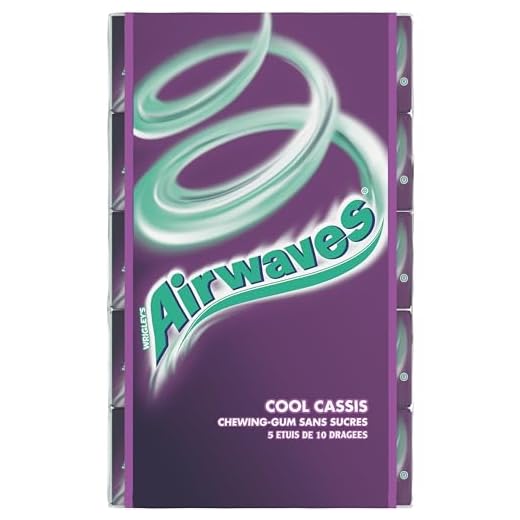 AIRWAVES - Chewing-Gum Goût Cassis - Sans Sucre - Fraîcheur Mentholée - 5 Paquets de 10 Dragées - 70g