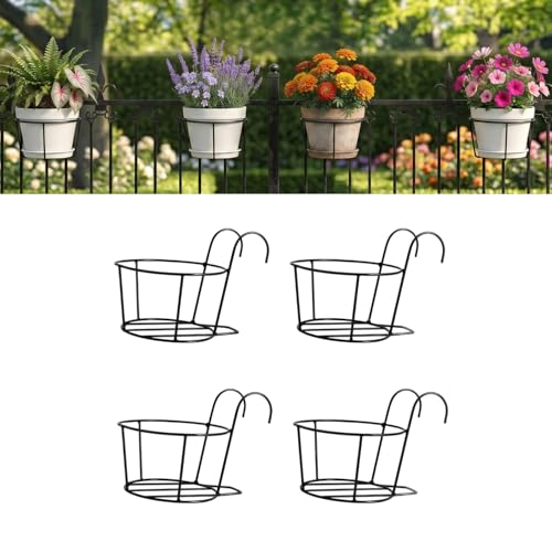 Image of Anti Rust Round Hanging Planters for Balcony Grill | Metal Flowerpot Gamla Stand | Balcony Railing Planter (4, Black)