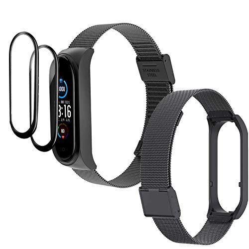 [3 Products] IMBZBK 1 Black Straps Bracelet for Xiaomi Mi Band 5 + 2 pack TPU Screen Protector for Xiaomi Mi Band 5, Metal Wristband Replacement Bracelet Band Wrist Watch Band Adjustable Strap