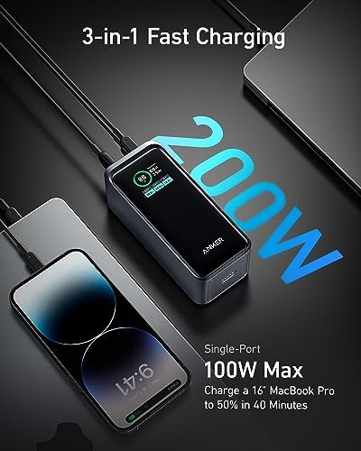 Anker Prime Power Bank 200W, 20,000mAh Portable Charger 3-Port with 100W Charging Base, Smart Digital Display, Compatible with iPhone 15/15 Plus/15 Pro/15 Pro Max/14 Series, MacBook, Samsung, Dell