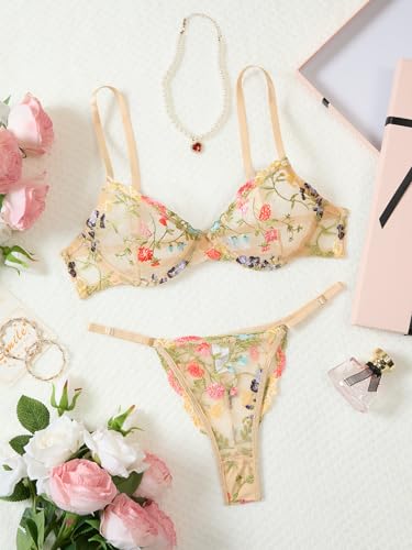 Image of Lilosy Sexy Floral Embroidered Mesh Sheer Underwire Lingerie Set