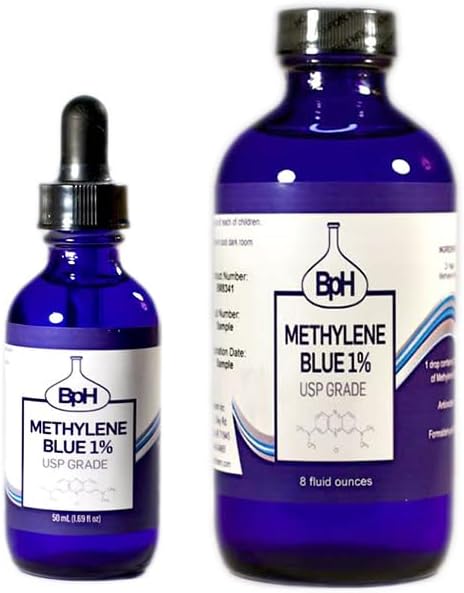 Methylene Blue, 1% USP (Pharmaceutical) Grade: 50 mL Bottle with 8 oz Refill 2-Pack Glass Kit; 3rd Party Tested