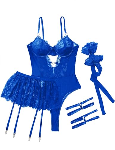 Image of Alrovetoney Women Lingerie Set Naughty Lace Bodysuit High Waisted Underwire Lingerie Babydoll With Garter Belt and Stockings