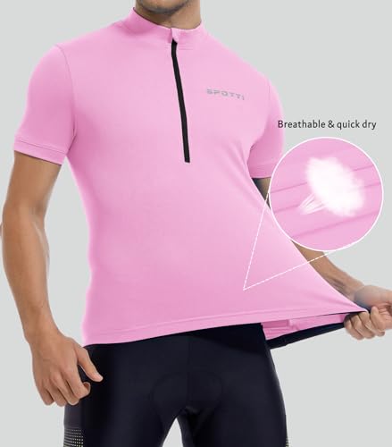 Spotti Men's Cycling Bike Jersey Short Sleeve with 3 Rear Pockets- Moisture Wicking, Breathable, Quick Dry Biking Shirt Pink - Thumbnail 5