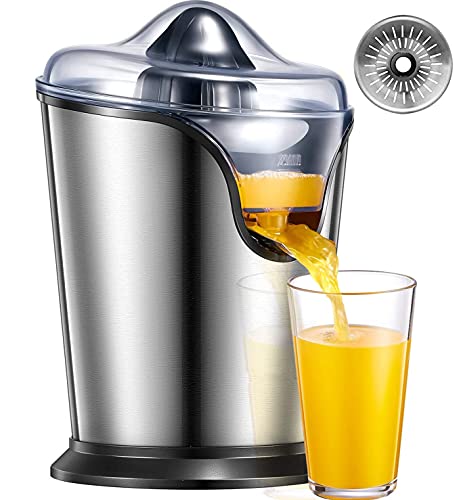 Electric Citrus Juicer, Orange juicer Squeezer with 100 W Silent Motor and Non-Drip Spout, 2 Size Cones for Lemon, Orange and Grapefruit, Stainless Steel Filter, Silver