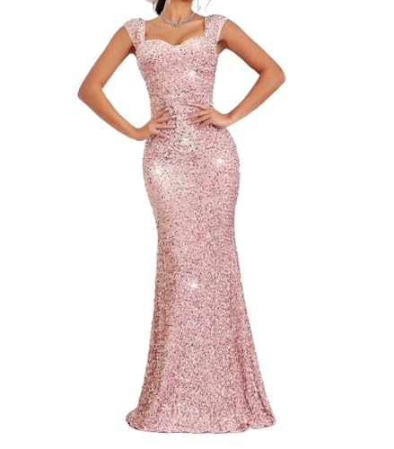Women's Summer Pink Sequin Mermaid Gown with Square Neckline and