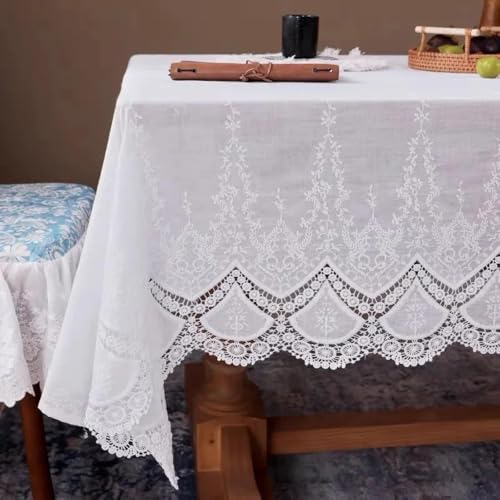 Nappe de table rectangulaire coton brodé dentelle blanche 130x200cm - 2