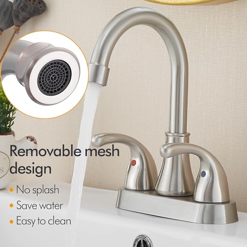 Image of Brushed Nickel Bathroom Sink Faucet 4 Inch Faucet 2 Handle with Pop-up Drain Stopper and Supply Hoses(Set of 2)