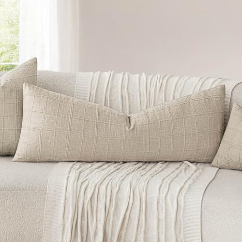 Image of Foindtower Set of 2 Decorative Linen Check Throw Pillow Covers Neutral Long Body Lumbar Cushion Covers Farmhouse Vintage Home Decor for Sofa Chair Couch Bedroom Living Room,14x36 Inch,Natural Linen