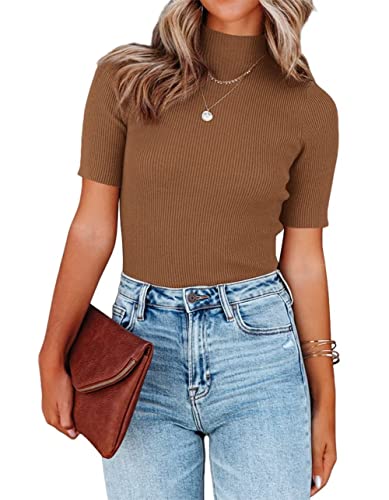 Image of Lacozy Women Casual Short Sleeve Shirt Basic Mock Neck Top Slim Fit Ribbed Knit Pullover Sweater