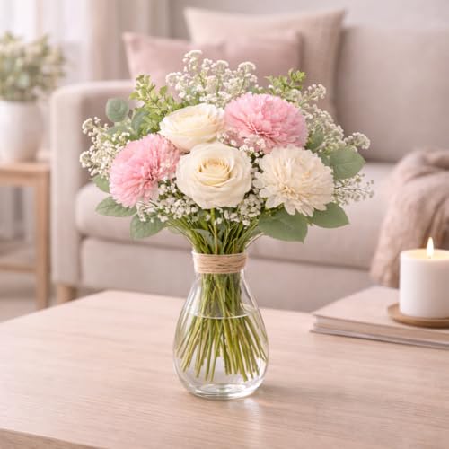 RR Crafts Premium Artificial Flower Bunch – Mum, Rose & Lotus with White Baby Breath | Realistic Fabric Petals | Artificial Flowers for Vase | Home Decoration Items for Living Room & Bedroom