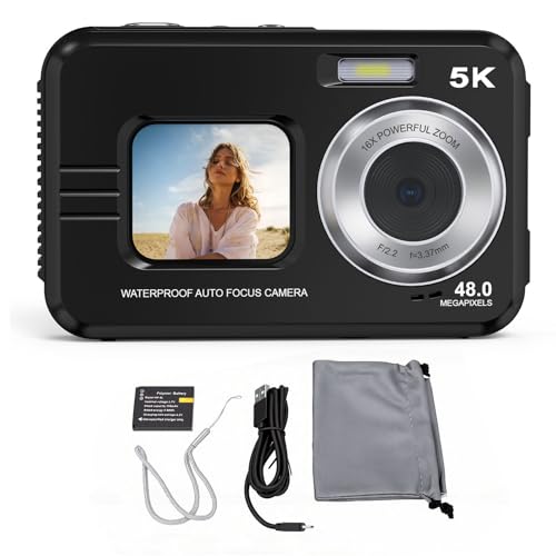 LICAEVEY Cámara Subacuática 5K, Cámara Digital Resistente Al Agua con Pantalla Dual de Enfoque Automático de 48MP con Tarjeta de 32GB para Bucear, Nadar y Bucear (Black)