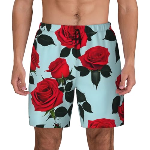 Red Rose Print Men's Double Layer Swim Trunks,Athletic Beach Shorts,Adjustable Drawstring Waist