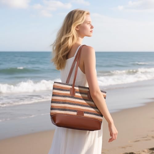 Image of HKCLUF Tote Bag for Women,Woven Shoulder Bag for Woman Vegan Leather Hobo Purse Satchel Handbags With Zipper Pockets