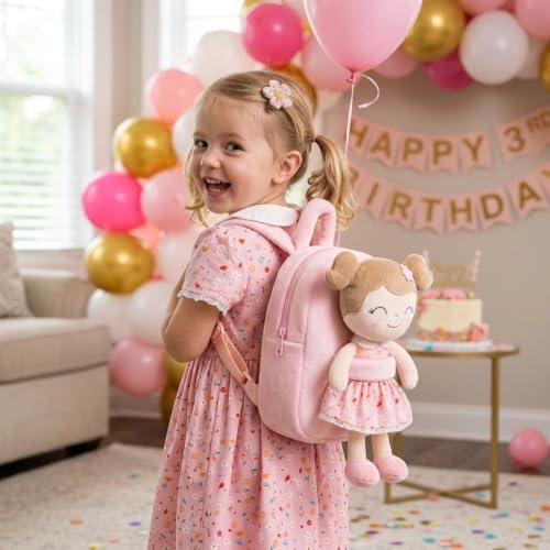 Image of Gloveleya Kids Backpacks Girls Backpack Plush Bags Diaper Bag Backpack with Floral Doll Pink