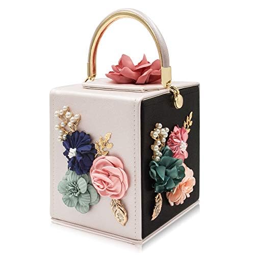 Milisente Evening Clutch Bag for Women Floral Square Box Evening Bags Crossbody Shoulder handBags Flower Wedding Clutch Purse (Black Beige)