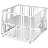 Nachhaltig aus Holz: Laufstall für Babys aus Buchenholz mit Matratze, stufenloser Höhenverstellung und 2 herausnehmbaren Sprossen