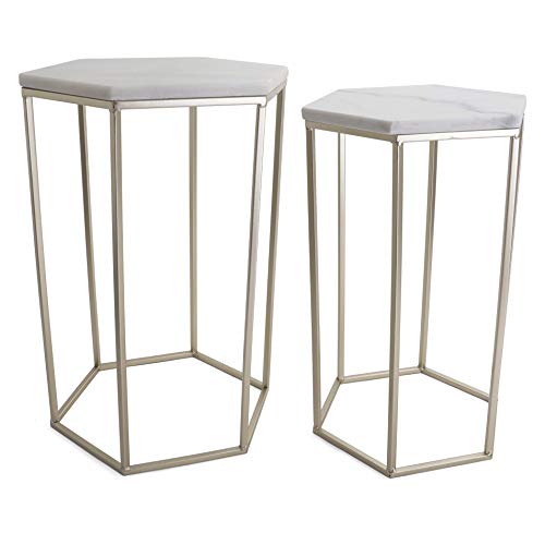 Hexagon End Table Set - End Tables with Mirrored Tops - Nesting Geometric Accent Tables - Marble Metal Side Tables - Rutledge & King Hexagon End Table Set (Gold)
