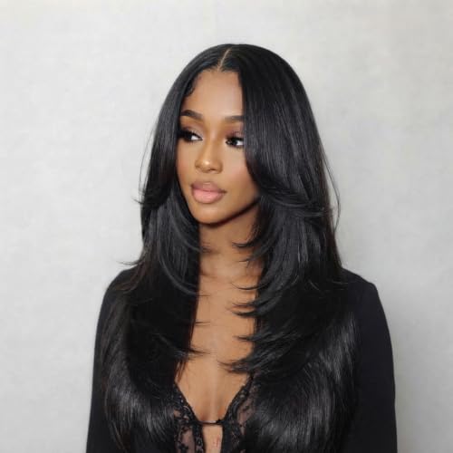 Looxey Yaki Straight Layered V Part Wigs for Black Women Long Straight V Shape Wigs Synthetic Half Wig Wear and Go Glueless Wig No Leave out Clip in Hair Daily Use
