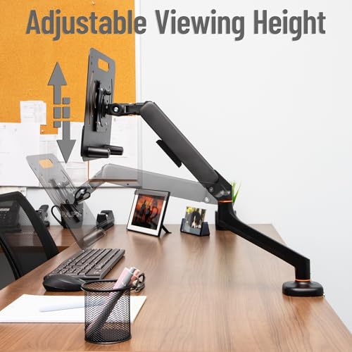 Image of Mind Reader Gas Spring Laptop Desk Mount, Fits 11.6-17.3 inch Laptops or Monitors, 180 Rotate, 13.2 lb Capacity, Single Arm with Integrated Cable Management, Adjustable Tilt /Swivel, Black