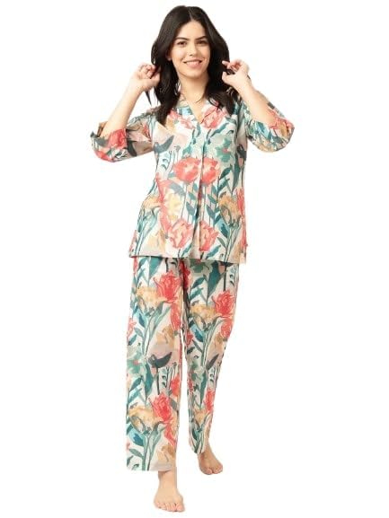 Image of STORIES OF BANNO'S SWAGGER Premium Poly Muslin Floral Co-Ord Set for Women | Soft Pajama Set | Elegant Printed Nightwear Lounge Outfit | Trendy Casual Wear Co-Ord Set
