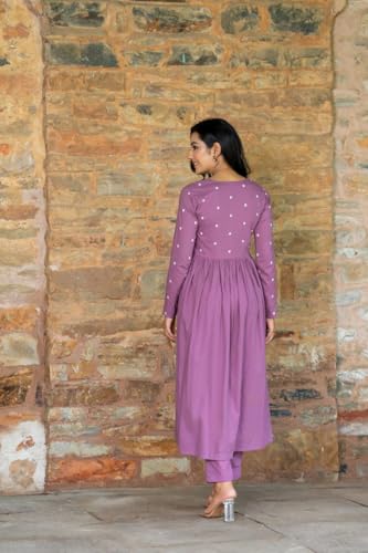 Image of Women's Dhanna Fashion Long Cut Salwar Suit with White Polka Dots,Full Sleeves, V-Neck,, Rayon