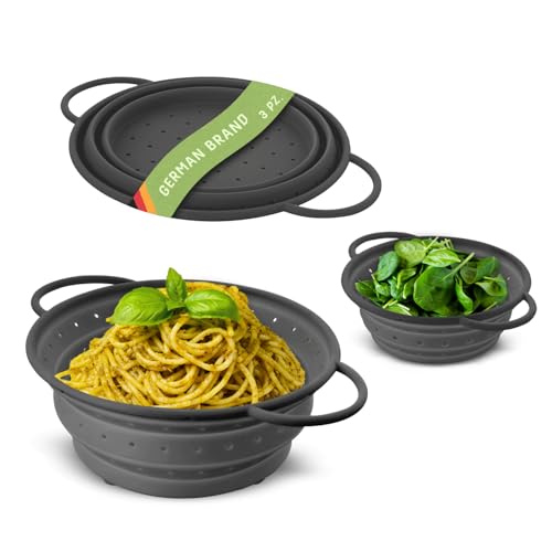 Coolinato – Set di 3 colini silicone pieghevoli 16/20 / 24 cm grigio – Scolapasta da cucina lavabile in lavastoviglie, privo di BPA e resistente al calore - Setaccio salvaspazio richiudibile