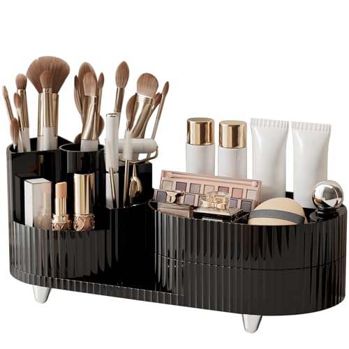 Cinnani Kosmetik Make Up Organizer, 360°Drehbarer Pinsel Organizer, Kosmetikregal Kosmetik Organizers für Zimmer Decor Frisiertisch, Schlafzimmer, Badezimmer- Schwarz