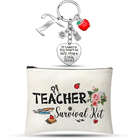 Hinly Teacher Appreciation Gifts Set Teacher Keychain with Initial, Thank You Teacher Kit Makeup Pouch Bag for Teachers (T Style) Cover