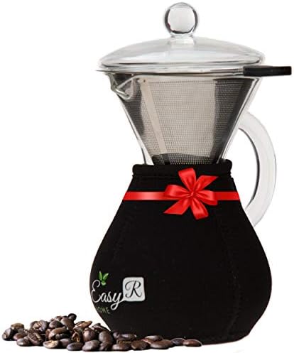 EasyR Home Pour Over Brewer – 14 oz / 400 ml Borosilicate Glass Personal Coffee Maker with Reusable Paperless Stainless Steel Filter/Dripper, Glass Lid and Free Carafe Warmer to Keep Coffee Hot