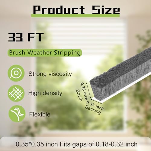 Brush Weather Stripping, Door Seal Strip for Door Frame and Sliding Windows, 33ft Self-Adhesive Felt Weather Stripping, Soundproofing, Draft Stopper, Dustproof, Windproof, 0.35\" x 0.35\", Grey - Thumbnail 3