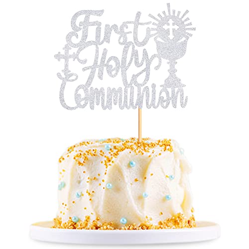 Blumomon 1Pc First Holy Communion Cake Topper Glitter Baby Baptism Christening Cake Pick God Bless Cake Decorations for First Communion Theme Baby Shower Birthday Party Supplies Silver