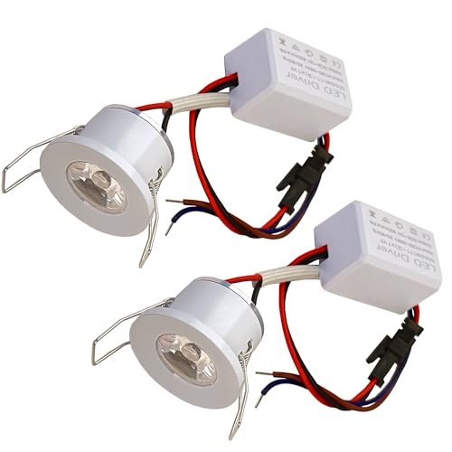 Scpopfer 2Pack 1W Mini Spotlights Indoor Recessed Ceiling Showcase Display Under-Cabinet Lights Fixture with AC 110V/220V to DC 3-12V LED Driver Power Supply 3000K Warm-White Lighting White-Shell