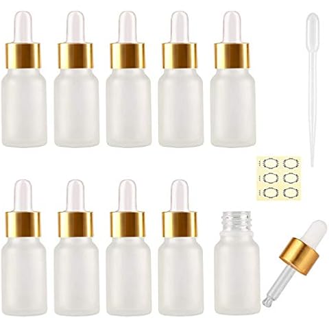 Alledomain 10Pcs, 10ml Frosted Glass Bottles with Dropper Pipettes, Mini Empty Dropper Bottles Golden Metal Cap Refillable Sample Container for Essential Oil/Aromatherapy Blends/Chemical Liquid Cover