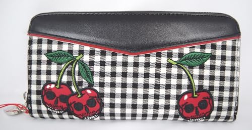 Women’s Rockabilly Retro Zip Around Wallet – Gingham Skull Cherry embroidered, Retro Vintage large clutch2