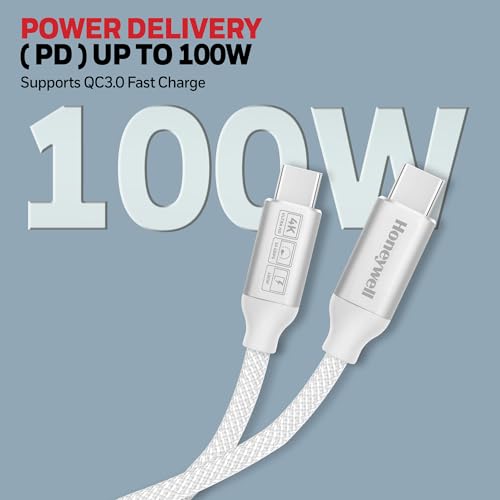 Image of Honeywell Type C to Type C USB 3.1 Cable, 4 Feet (1.2M), Max Output 5A 100W, QC 3.0, Fast Charge, Compatible with Apple Devices, Smartphones, Laptops, Power Banks, Tablets, Headphones, Speakers White
