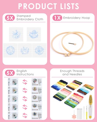 Image of TINDTOP 5 Sets Embroidery Kit for Beginners Adult, Embroidery Kit for Beginners Include Embroidery Cloth Hoops Threads for Craft Lover Hand Stitch with Embroidery Skill Techniques | Include Embroidery Cloth Hoops Threads for Craft Lover Hand Stitch with Embroidery Skill Techniques