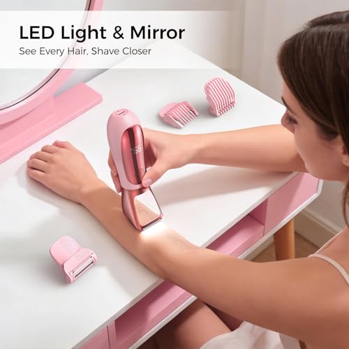 Image of Bikini Trimmer for Women, 2 in 1 Electric Razors Shaver, IPX7 Waterproof Body Hair Trimmer with Mirror, LED Light & Display, Painless Pubic Hair Removal, Pink