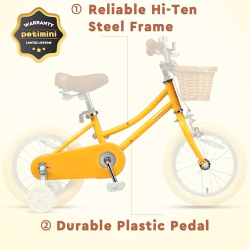 Image of Petimini Vintage Kids Bike for Girls, 12-20 Inch Classic Bicycle with Wicker Basket & Bell, High Tensile Steel Frame, Training Wheels (12-18 inch), 85% Pre-Assembled, Retro Bike for Outdoor Riding