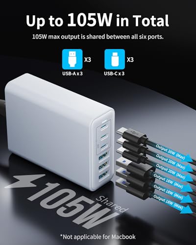 Image of 105W USB C Charger Block, 6-Port USB C Charging Station GaN III PD 20W Laptop Fast Charger Adapter for iPad Pro /Air /Mini, iPhone 17 /16 /15 /14 /13 /12 /11, Samsung and More (Cable Organizer Included)