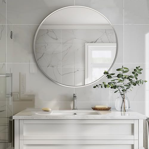Image of Sunniry Silver Round Mirror 30 inch, Round Bathroom Mirror, Silver Circle Mirrors with Brushed Aluminum Frame, Circle Wall Mirrors for Bathroom, Living Room, Hallway, Bedroom.