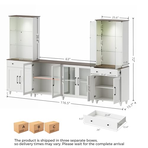 Image of Kikihouse 116.5 inch Entertainment Center for TVs up to 75 | Glass Display Cabinets with Spotlights, Adjustable Shelf, Elevated Leg Design for Living Room, Bedroom