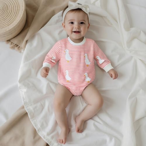 Newborn Baby Girl Fall Outfit Silly Goose Sweatshirt Bubble Romper Waffle Long Sleeve Striped Bodysuit Farm Clothes2