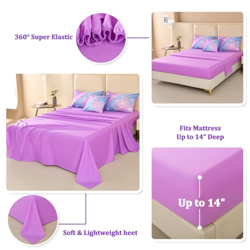 Image of Full Size Bedding Set for Girls, Glitter Rainbow Comforter Set Full, 6 pcs Bed in A Bag Full Size Comforter Sets for Girls Kids, Galaxy Purple Bedding Sets with Sheets