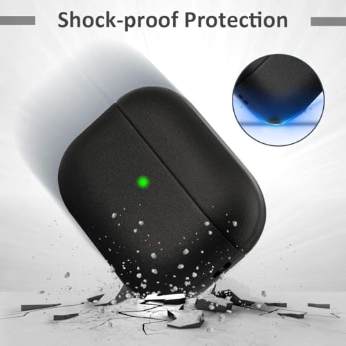 Image of KHR Leather Texture Full-Body Protective Case Cover for AirPods Pro 3rd Generation (2025), Wireless Charging and Front LED Visible Case with Lanyard for AirPods Pro 3 (Black)