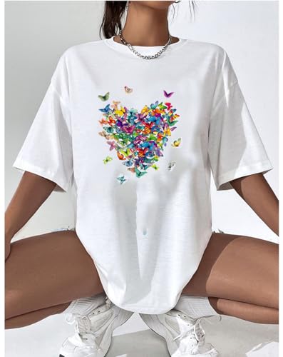 Women's Short Sleeve Heart Butterfly Graphic Tee Shirt Vintage Casual Loose Cotton T Shirt Summer Tops2